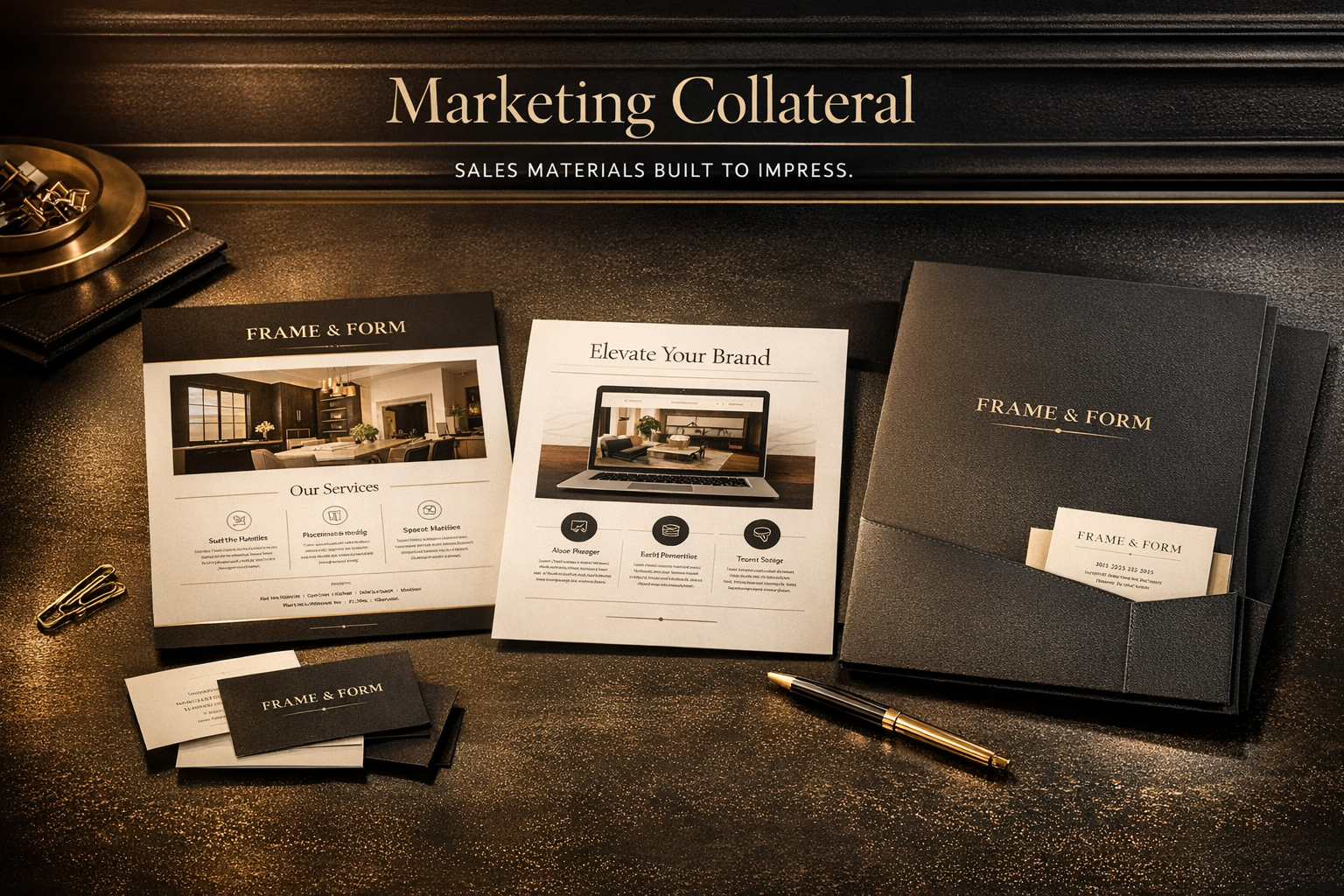 Marketing collateral design mockup for sales sheets and presentation materials